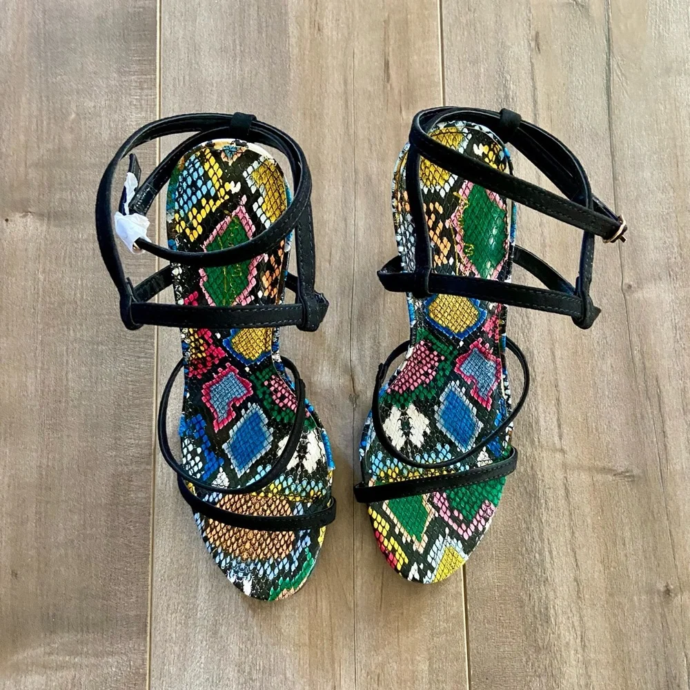Anne Michelle Black Ankle Strap Snakeskin Heels